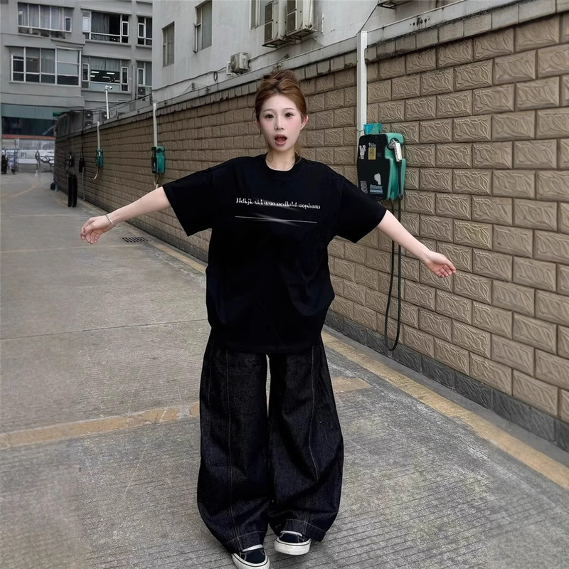 American High Street Pure Cotton Black Short-Sleeve T-Shirt for Women, Summer 2026 New Design, Niche Loose Half-Sleeve Top, Trendy