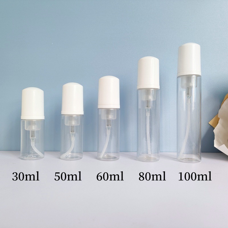 30 dientes PET mousse transparente botella 30ml100ml limpiador facial espuma botella champú espuma botella de pie en stock