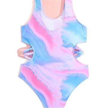 2025 Girls' Print Swimwear One-Piece with Lattice Openwork Tie-Dye Bikini Fashion
