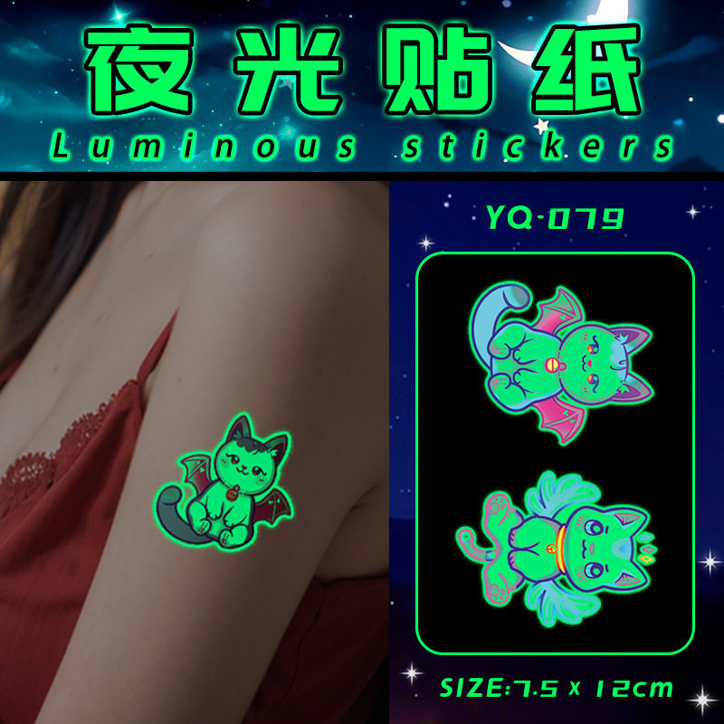 Angel Cat Luminous Cartoon Tattoo Sticker Female Waterproof Long-Lasting Cute Arm Hand Back Pattern Dopamine Ins