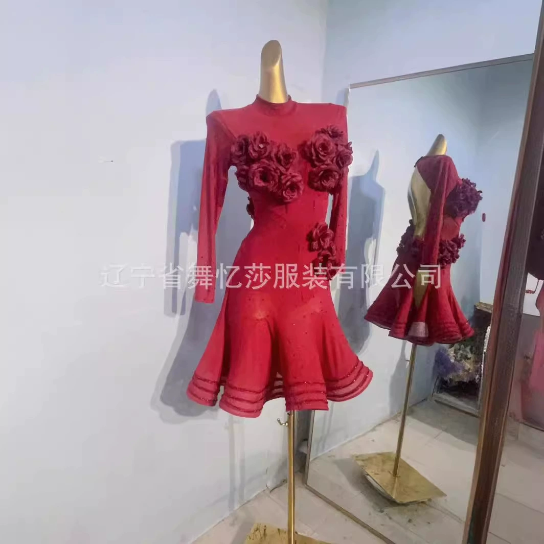 Готовые красные костюмы для латиноамериканских танцев, сценические наряды, элегантные и объемные бальные платья, костюмы для выступлений