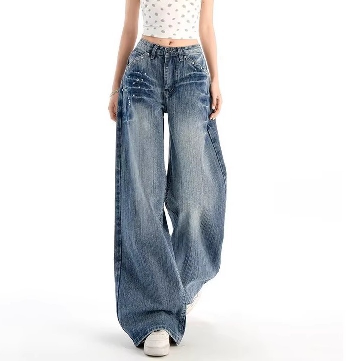 Women's Retro Studded High-Waisted Wide Leg Jeans Casual Cotton Denim Spring/Autumn Style Relaxed Straight Leg Unique Design_voghion.com