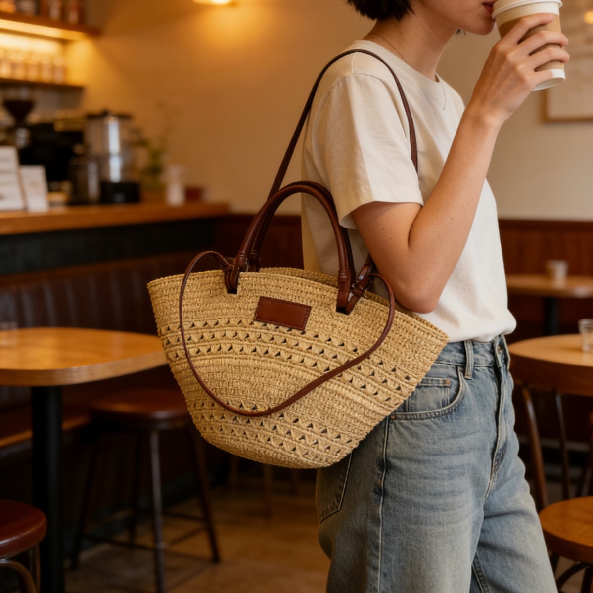 Top Grain Cowhide Leather Spliced Raffia Woven Basket Bag, Large Capacity Women's Vacation Beach Tote Bag - Thumbnail 4