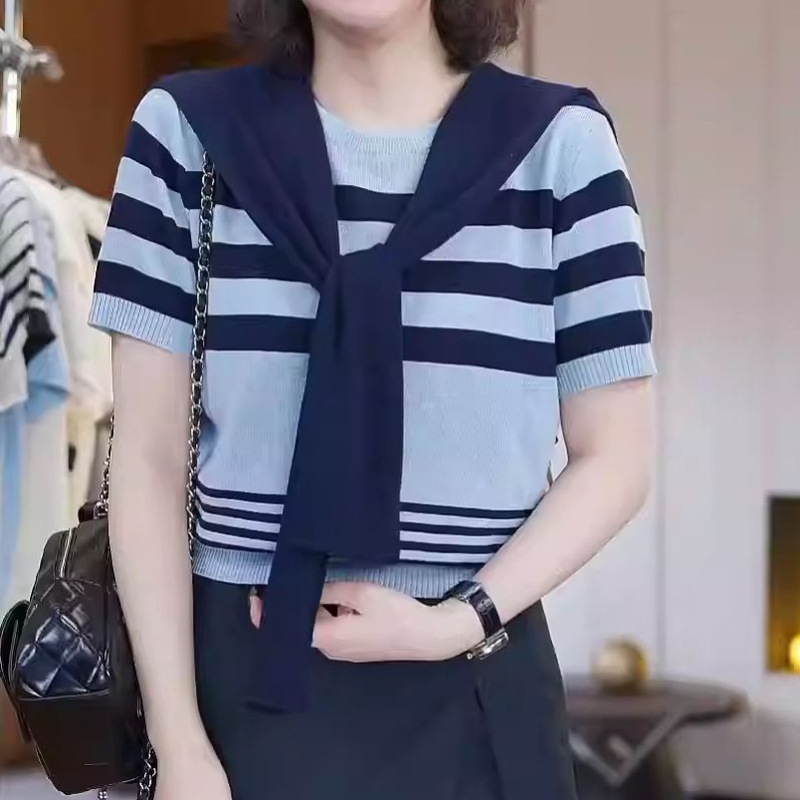 Blue Navy Collar Short-Sleeved Striped Knit Shirt for Women 2026 Summer New Style Slimming and Age-Reducing Versatile T-Shirt Top