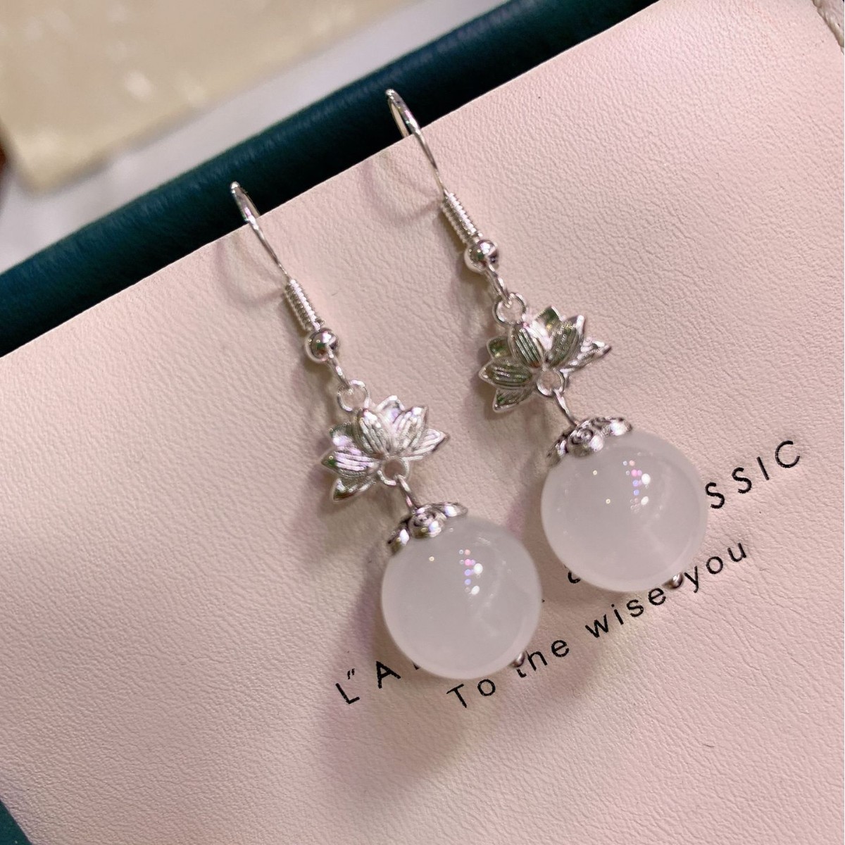 Premium White Chalcedony Milky White Crystal Simple Retro Pink Round Bead Versatile Fashionable High-end Earrings Exquisite And_voghion.com