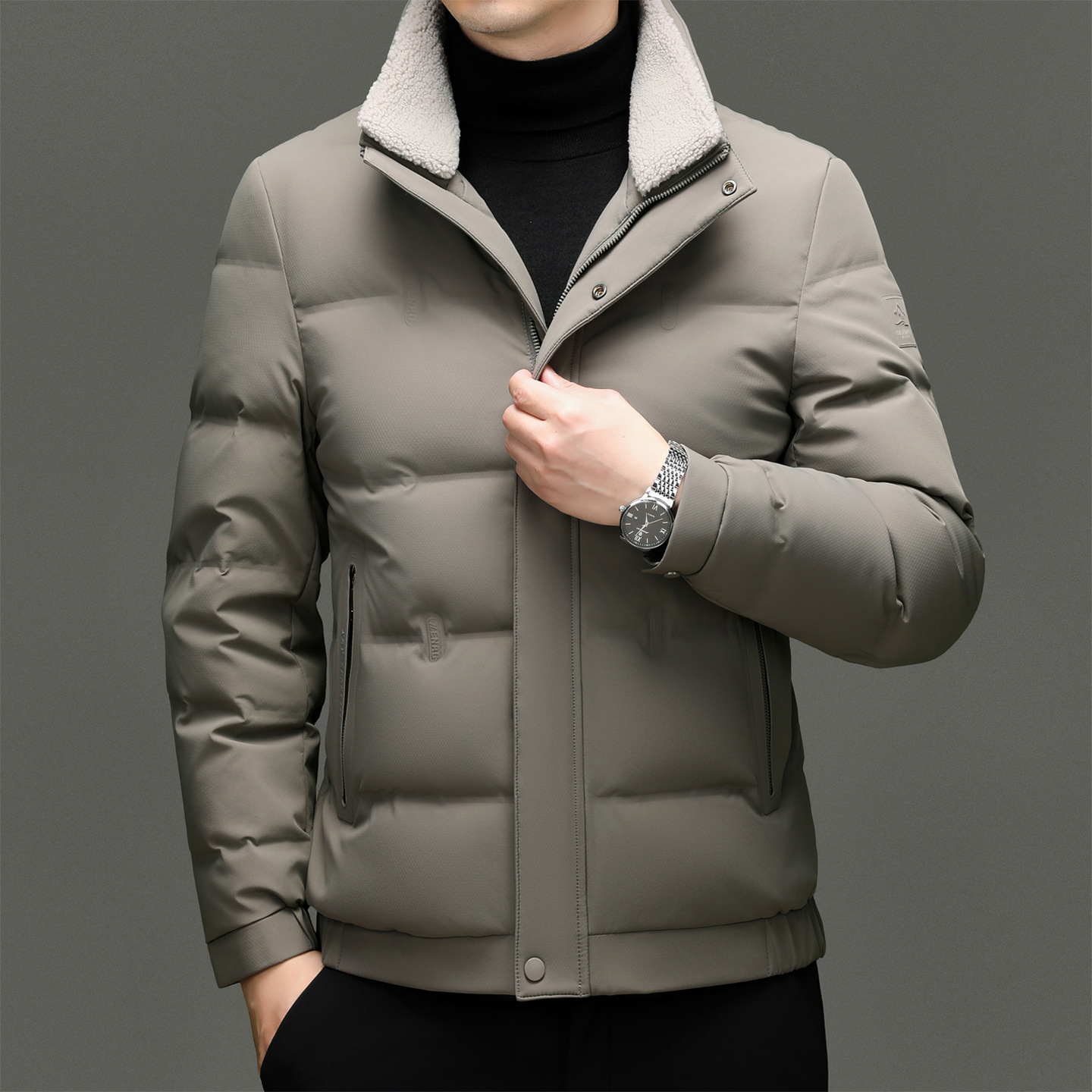 Branded Men's Down Jacket, Thickened, Stand-up 90% White Duck Down, Winter Collection, Loose Fit With Fur Collar,_voghion.com