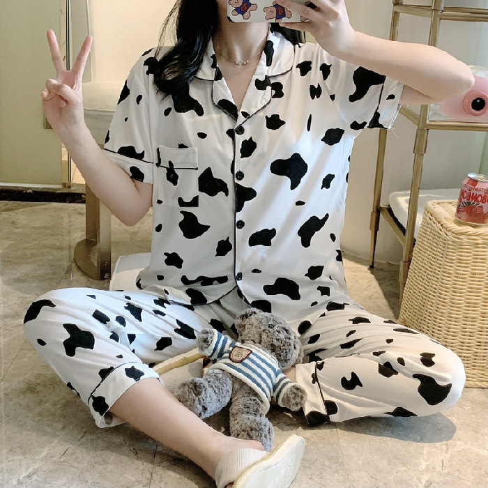 Pantalones de manga corta pijamas de las mujeres de verano estilo coreano ins cardigan leche traje de seda hogar ocio dibujos animados estudiante fuera image 8