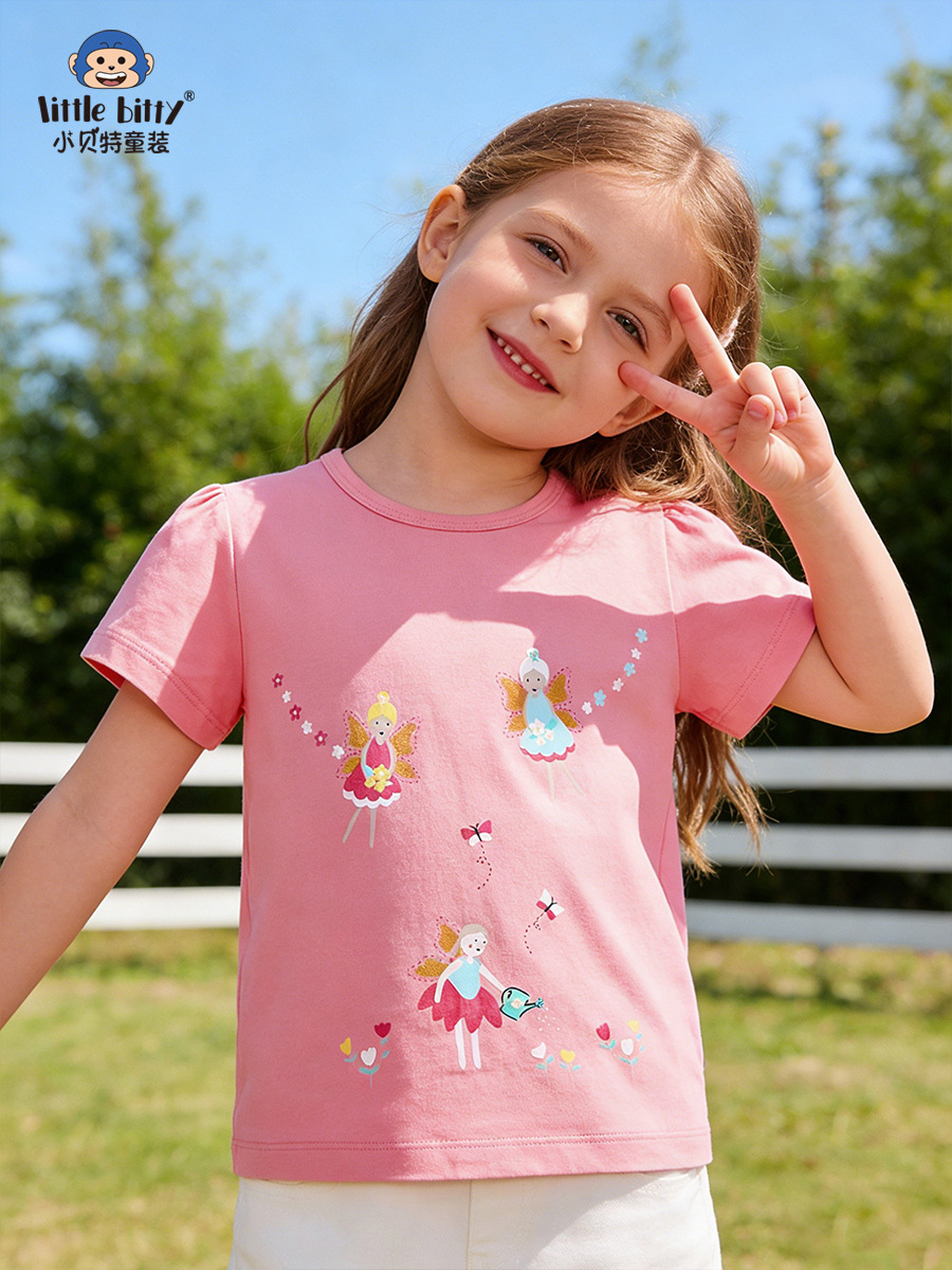 Sweet and Stylish 2026 Spring/Summer Children's Short-Sleeve T-Shirt with Cartoon Elf Design, Round Neck, Girls' Base Shirt, In-Stock Supply