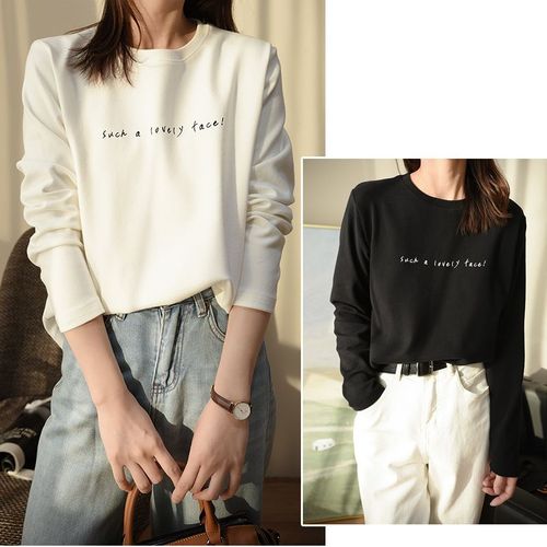 Double-sided white faux fur padded new autumn and winter letter print long-sleeve Korean-style loose slimming round neck base top