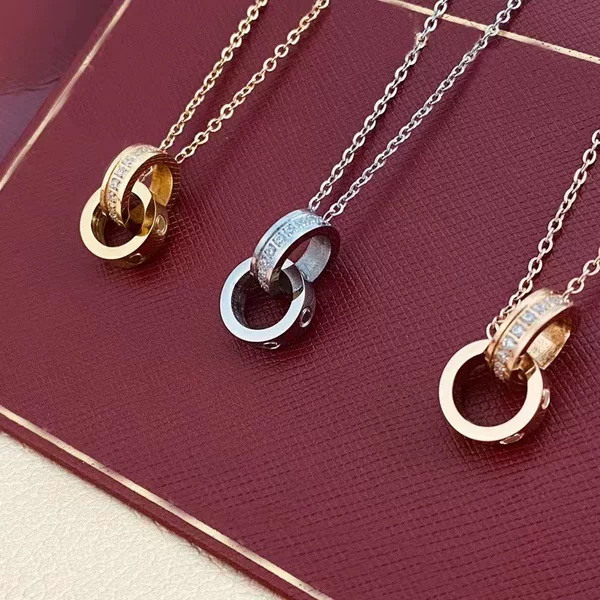 Kaga double-ring pie necklace full diamond zircon clavicle chain titanium steel non-fading pendant rose gold necklace gift