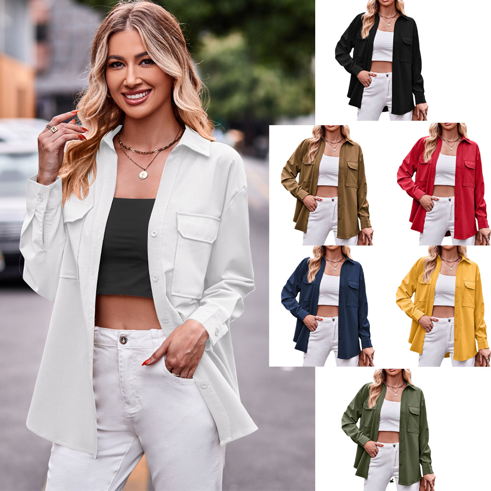 2025 Amazon Women's Autumn and Winter New Cross-Border European and American Casual Fashion Double-Pocket Loose Long-Sleeve Solid Color Shirt