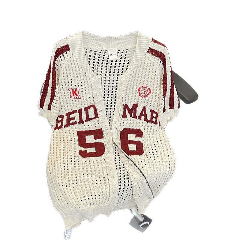 Unisex Retro Letter Print Mesh Knit Cardigan - Breathable Summer T-Shirt Jacket For Men & Women_voghion.com