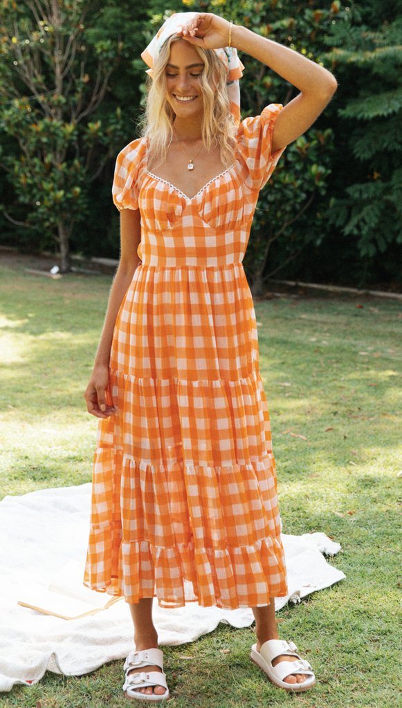 plaid backless V-neck long dress NSJKW119781