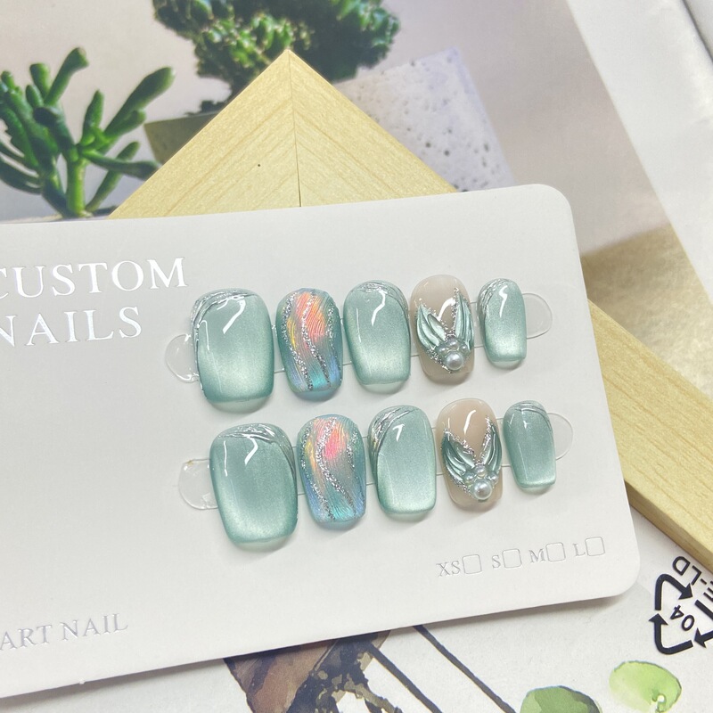 Mint Candy Handmade Wearable Nails Purely Handmade Summer Cyan Special Cat Eye Phototherapy Nails Whitening Nail Patch Mint Candy Handmade Wearable Nails Purely Handmade Summer Cyan Special Cat Eye Phototherapy Nails Whitening Nail Patch