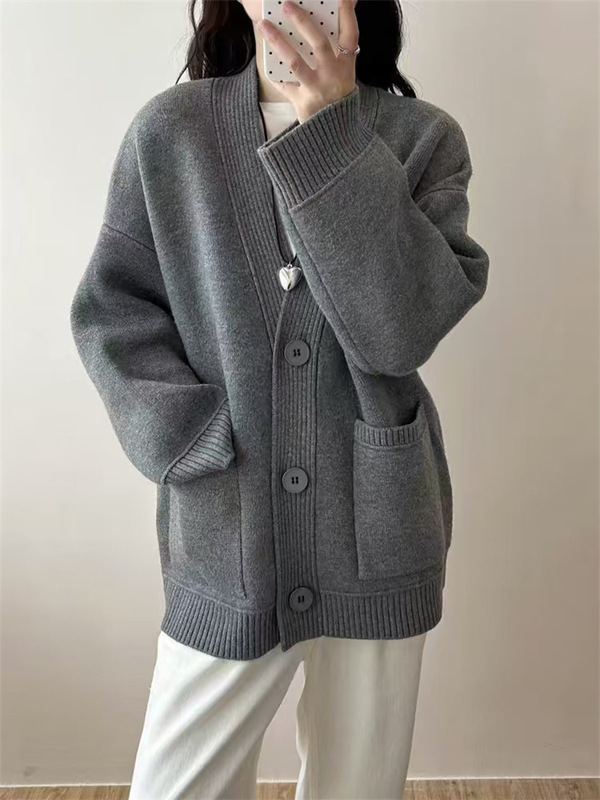 慵懒风复古毛衣外套女秋冬新款跨境V领设计感宽松长袖针织开衫女|undefined