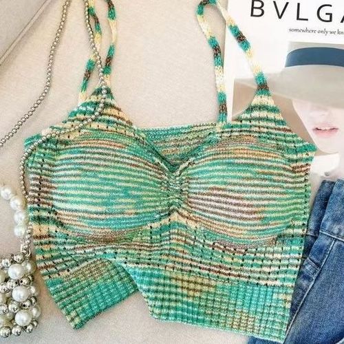 Rainbow striped knitted suspenders for small women xs sweet hottie short top summer outer wear design tube top