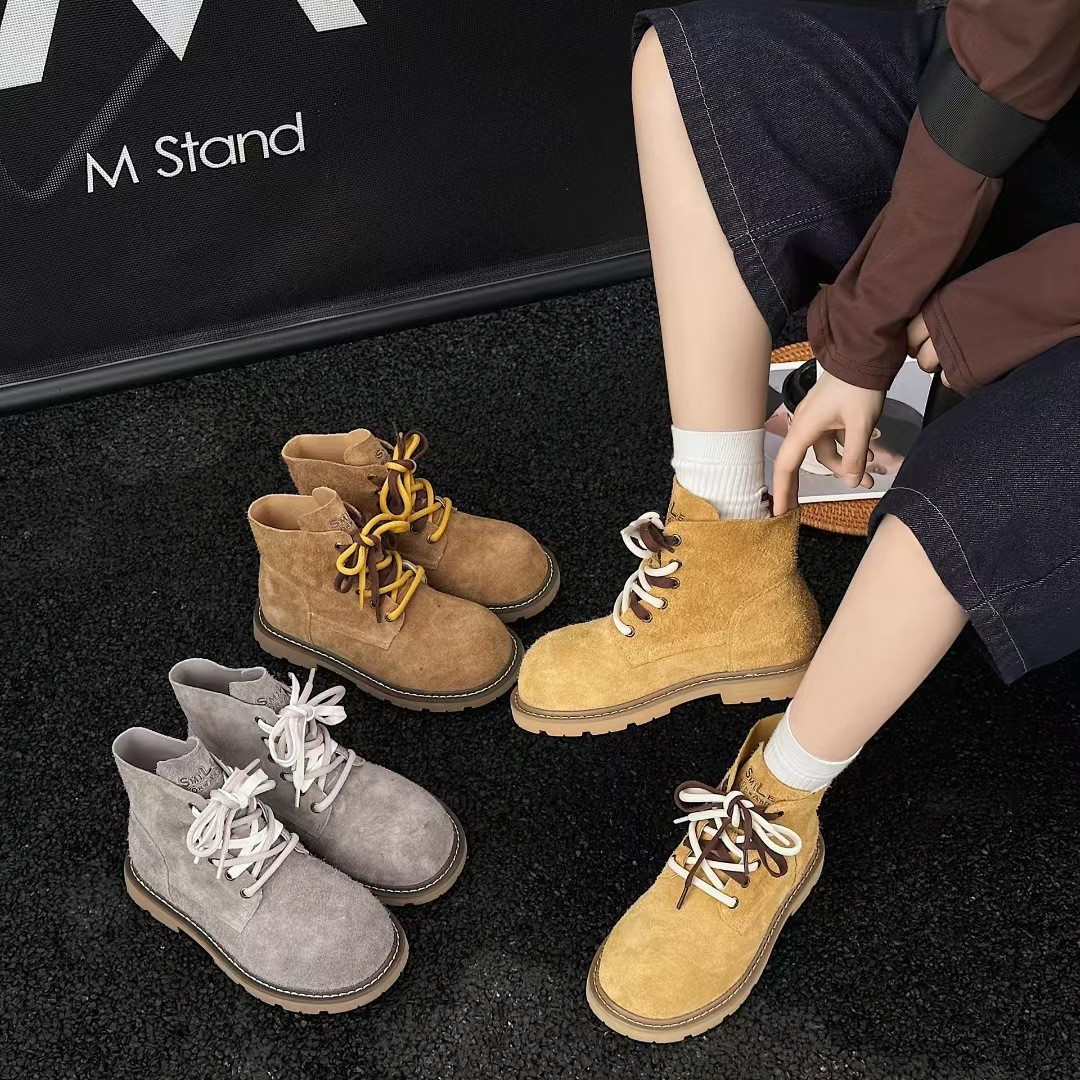 Double Lace-Up Boots for Women 2025 Autum New Rhubarb Boots Retro Desert Boots Popular Western Workwear Short Boots