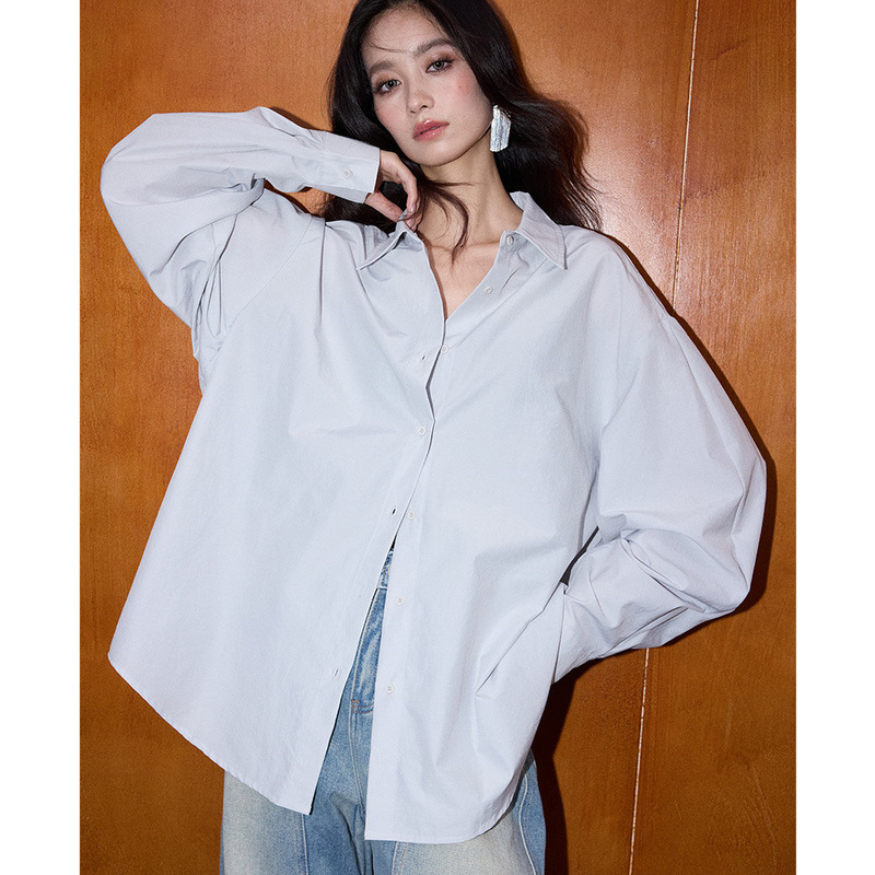 [Shengdu] 25 Early Autumn New Korean Style Lazy Style Loose Gray Lantern Sleeve Cotton Blend Large Profile Lapel Shirt