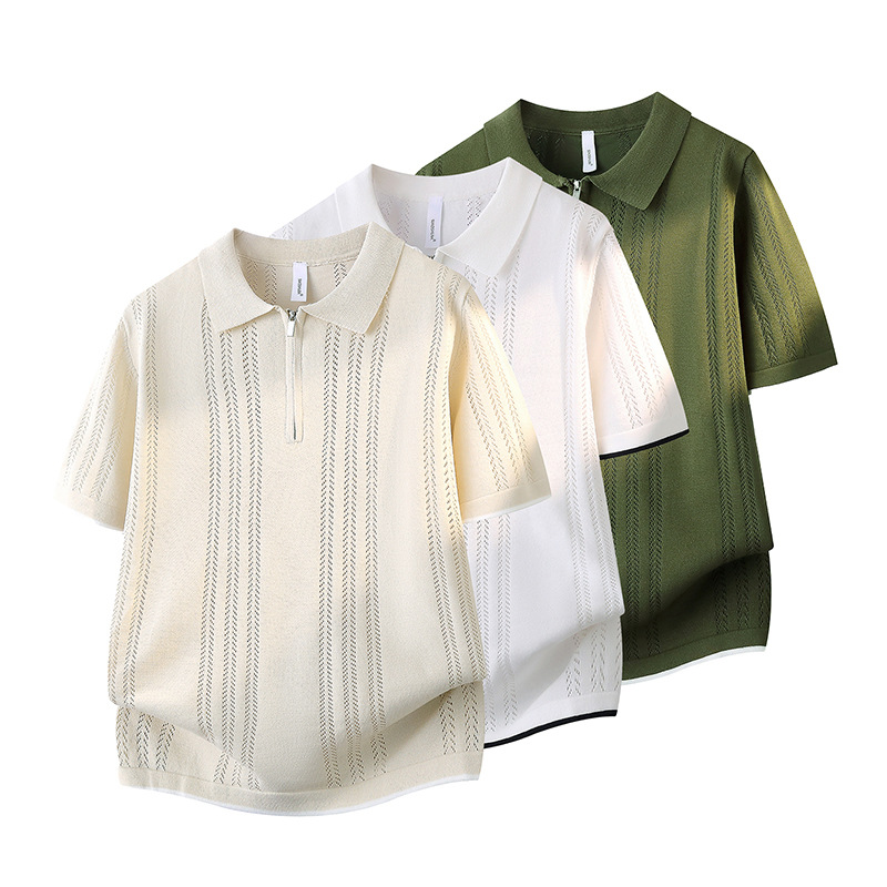 Polo camiseta de punto camiseta de manga corta hombre solapa medio cremallera hueso de pez hueco camiseta de hielo de verano fábrica transfronteriza al por mayor image 3