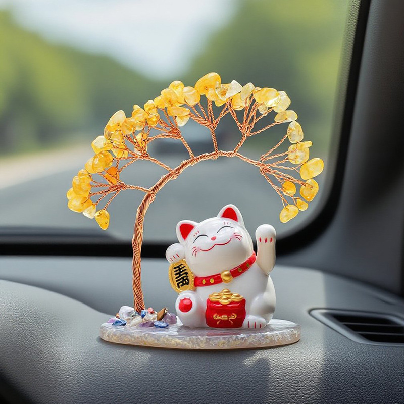 天然黄水晶发财树太阳能招财猫玛瑙片底座水晶树家居桌面车载摆件|undefined