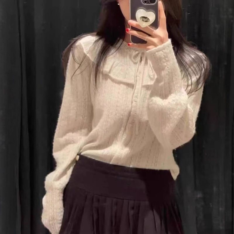 Instant Delivery~ Korean Niche Brand Baima's Autumn 25 Versatile Round-Neck Hollow Lace-Up Short Knit Cardigan Top