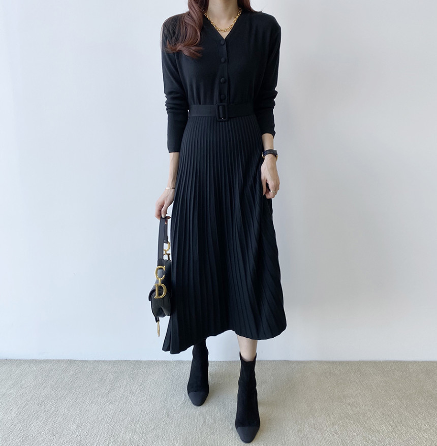 O1CN01mauURQ1ouZufEjUko !!2201189245285 0 cib - Autumn V-Neck Long Sleeves Single-Breasted Thicken Knitted A-Line Midi Dress with Belt