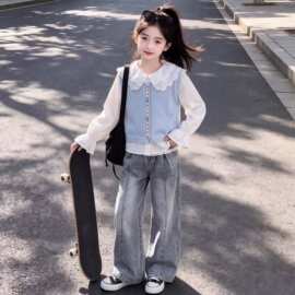 小众极简女童可爱韩系多巴胺马甲衬衫叠穿时髦休闲学院风复古套装