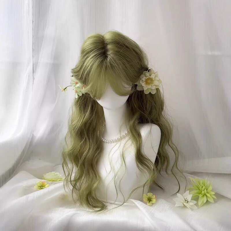 Green Wool Curly Wig for Women, Long Hair, Enhances Complexion, Air Bangs, Lazy Water Wave Long Curly Hair, Realistic Full Wig Green Wool Curly Wig for Women, Long Hair, Enhances Complexion, Air Bangs, Lazy Water Wave Long Curly Hair, Realistic Full Wig