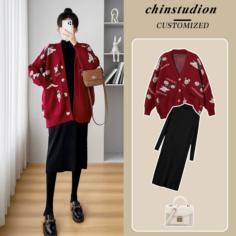 Комплект для беременных: осеннее платье 2023, кардиган, весенне-осенний свитер, зимнее длинное платье, красная куртка с медведем