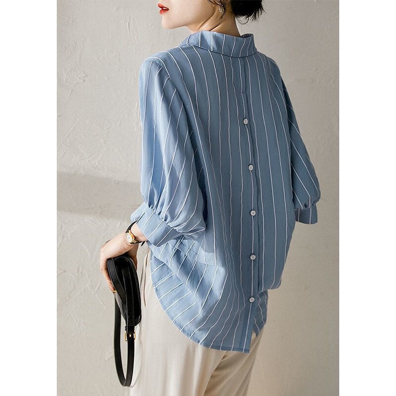 Striped Shirt for Women, Three-Quarter Sleeves, Summer 2026 New Style, Blue Back-Opening Design, Lantern Sleeve Design, Striped Top Striped Shirt for Women, Three-Quarter Sleeves, Summer 2026 New Style, Blue Back-Opening Design, Lantern Sleeve Design, Striped Top