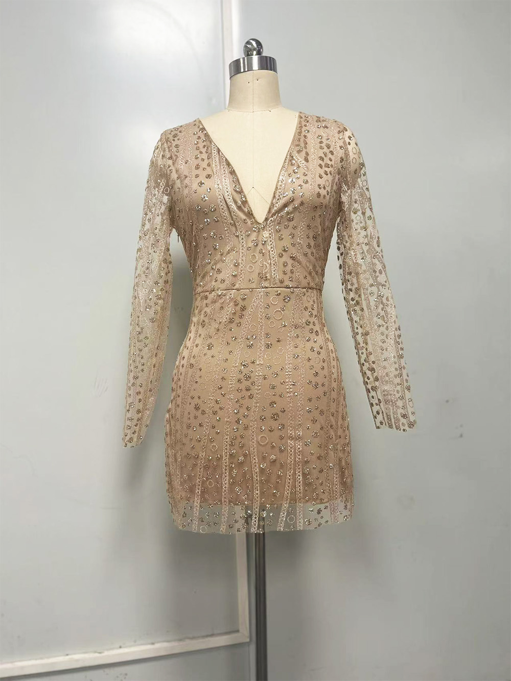 Women's Clothing Deep V See Through Bodycon Dress Gold Flecked Long Sleeved Evening Gown Sexy Party Wear_ecoleips.com