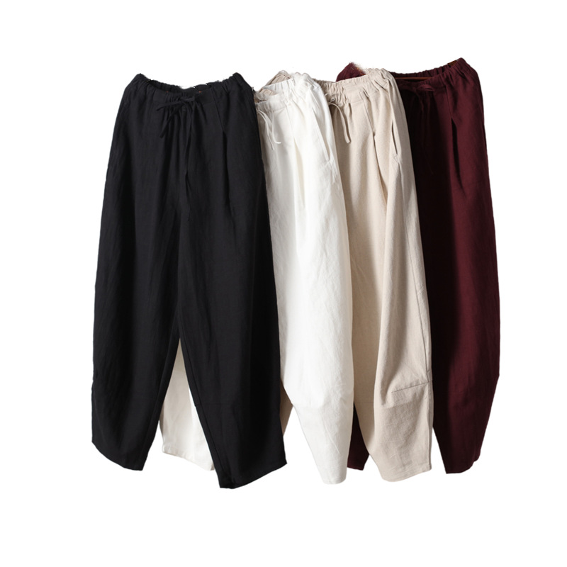 Estilo étnico primavera otoño algodón lino estilo casual holgado más tamaño bombachos pantalones largos de lino de pierna ancha para hombres de estilo chino