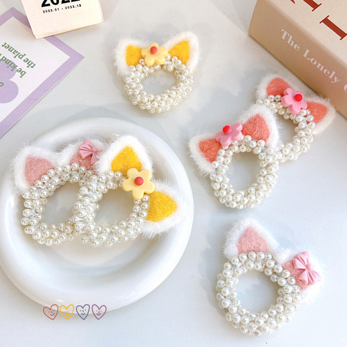 Children's cat ear pearl hairband cute little girl's ball head girl's hair rope headband new hair accessories headdress