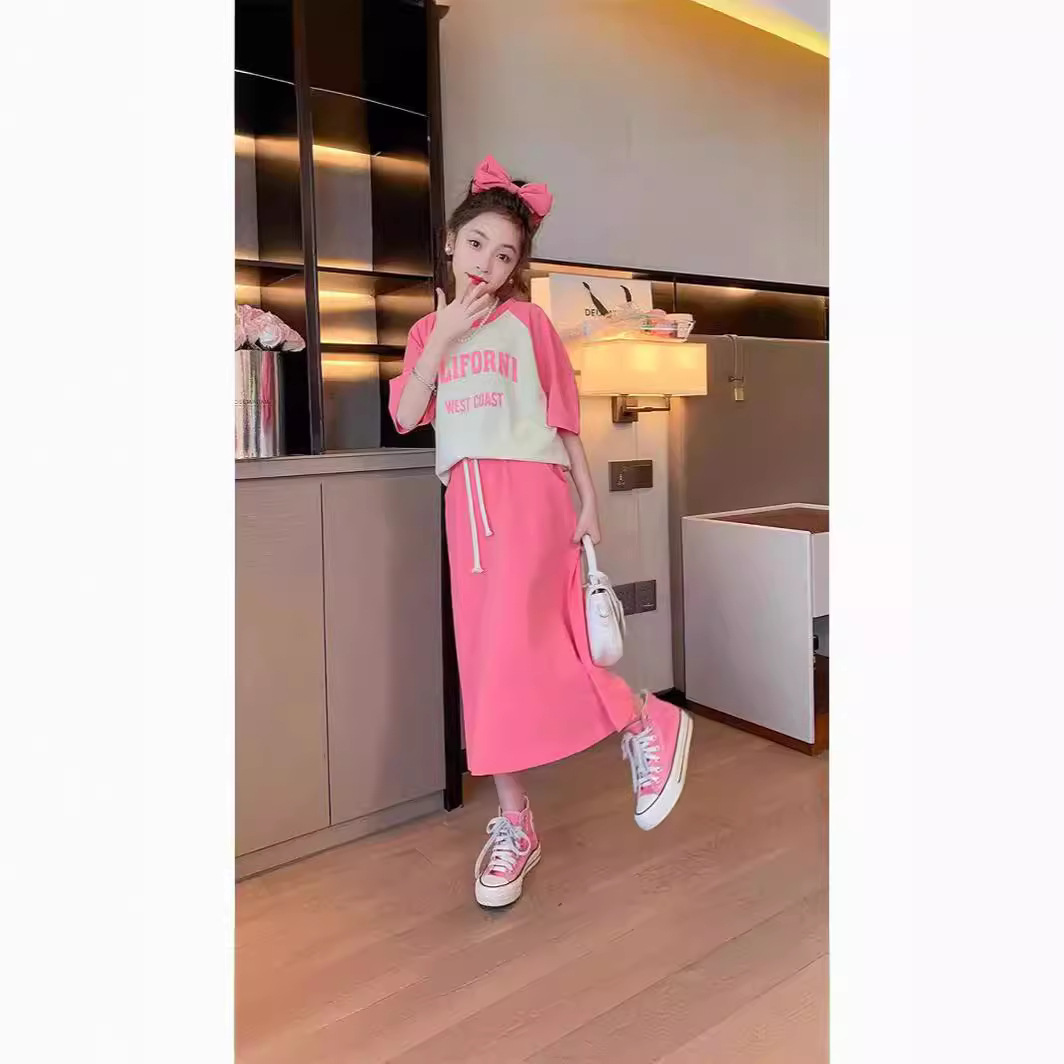 女童夏裝套裝2024新款夏季女大童夏天裝洋氣時髦休閒拼接字母套裝