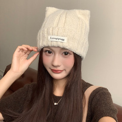 可爱猫耳朵针织帽子女冬季韩系加厚保暖护耳毛线帽百搭显脸小冷帽