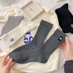 襪子女純色韓版歐貨AB款愛心字母刺繡襪子棉襪春季miu系堆堆襪