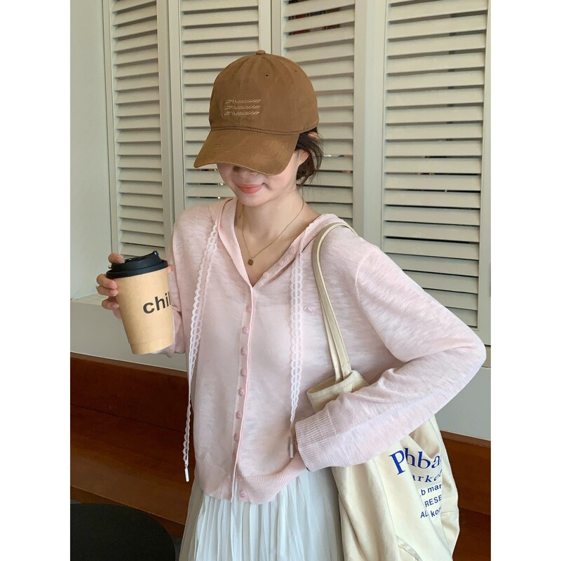 Korean-Style Pink Hooded Sun-Protective Knit Cardigan for Women, Summer Casual and Relaxed Outerwear, Thin Top Korean-Style Pink Hooded Sun-Protective Knit Cardigan for Women, Summer Casual and Relaxed Outerwear, Thin Top