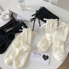 長襪子女秋冬新款中筒女襪批發韓國ins絲帶蝴蝶結黑白百搭棉襪