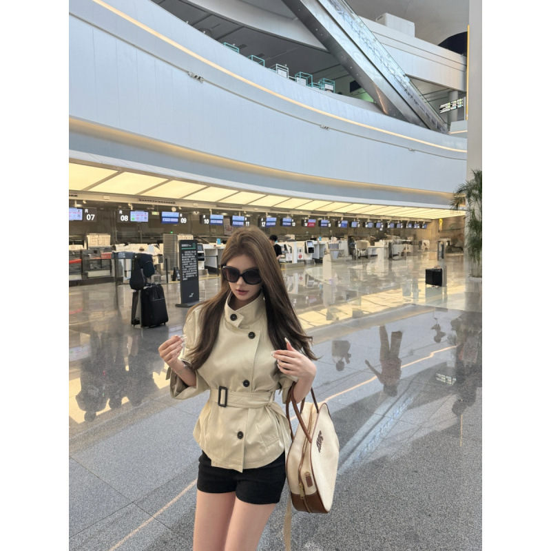 韩系气质辣妹短款风衣外套英伦风立领收腰外套女上衣|undefined