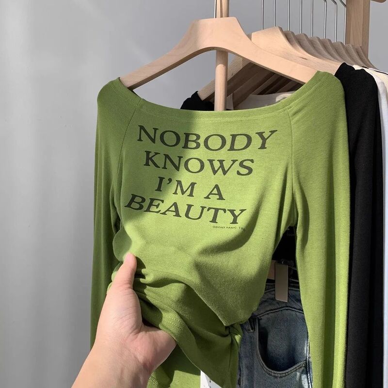 Super Feel Modal Cotton ~ Letter Printed Off-Shoulder Long-Sleeved T-Shirt for Women Slimming Look Asymmetrical One-Line Collar Top