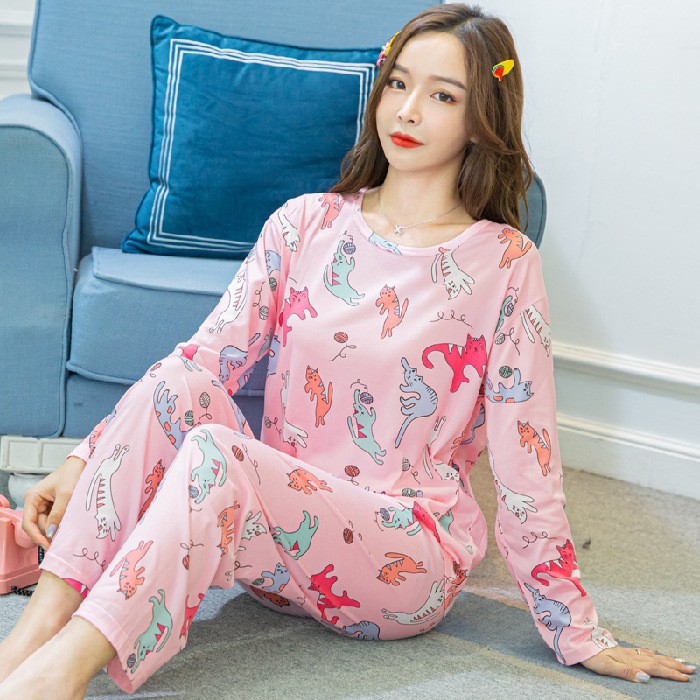 Pijamas de dibujos animados al por mayor para mujer, conjunto de pijama de primavera y otoño con cuello redondo, manga larga y pantalones largos, conjunto de ropa de estar para chicas pequeñas