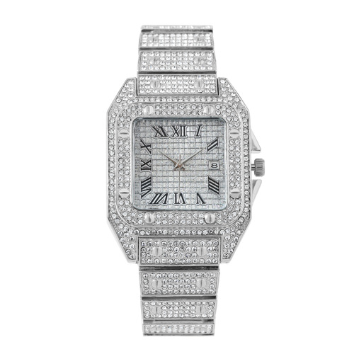 外贸跨境钢带镶钻嘻哈男士手表方形满天星罗马纹日历石英女表