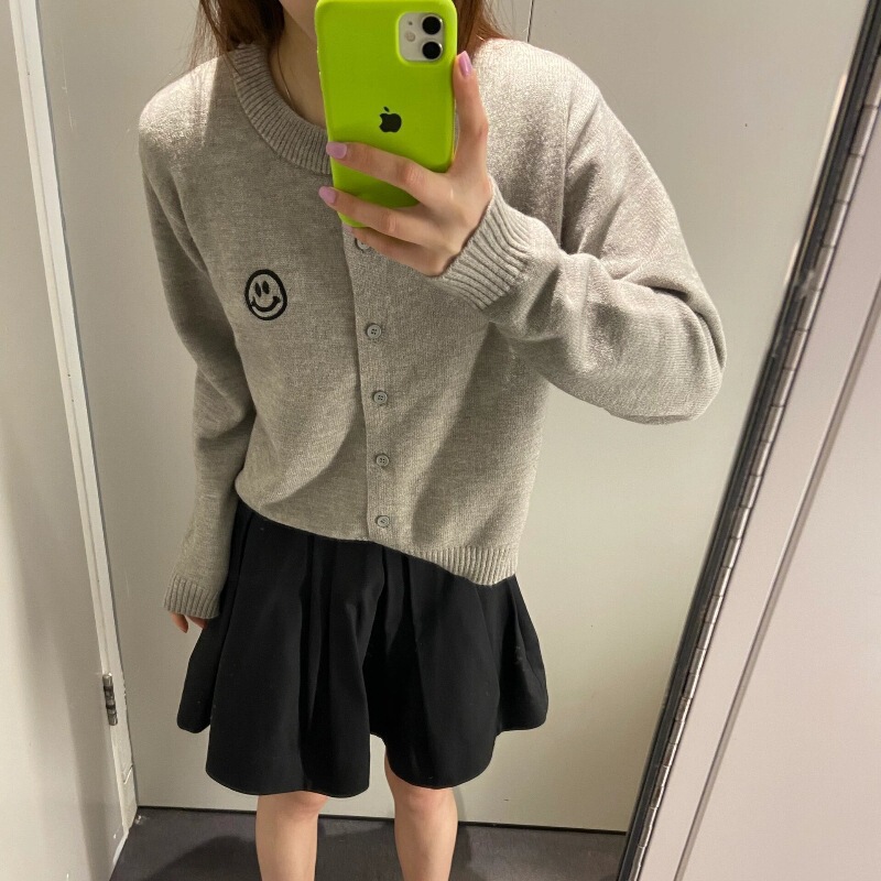 Smiley Crewneck Knitted Cardigan Women's Korean Style Cute Girl's Short Sweater Coat Spring and Autumn New College Style Top
