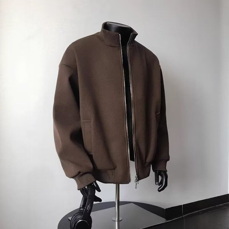 Spring and autumn solid color zip-up stand-collar striped soft shell casual commuting loose versatile jacket men's trendy spring coat