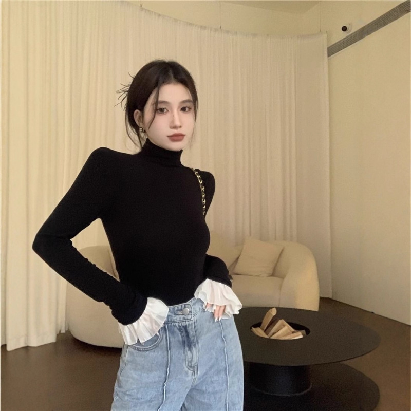 韩系设计感撞色修身圆领喇叭袖T恤女装秋季长袖紧身显瘦内搭上衣|undefined