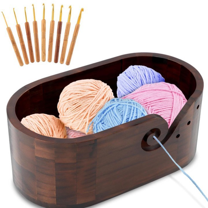 Tazón de lana ovalada de madera maciza retro Tazón de almacenamiento de lana para el hogar Herramientas de almacenamiento para el hogar con agujeros