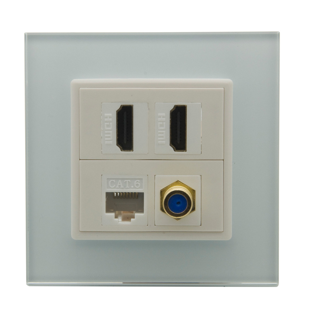 欧式80型 2口HDMI 1口CAT6 RJ45 镀金F头 玻璃面板 可搭配45模块