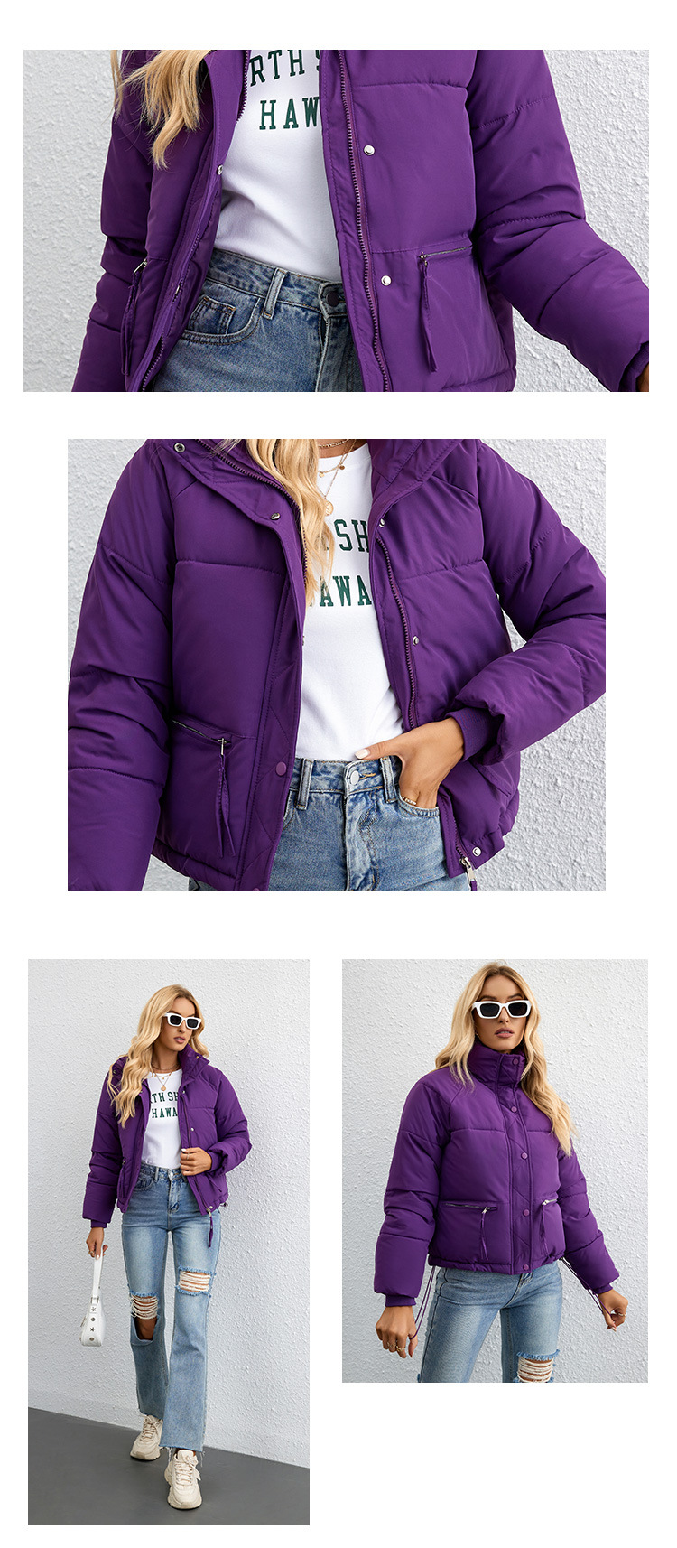 Veste à col montant court en coton pour femme, version coréenne, simple et ample, avec fermeture éclair, pour l'extérieur, 2023_voghion.com