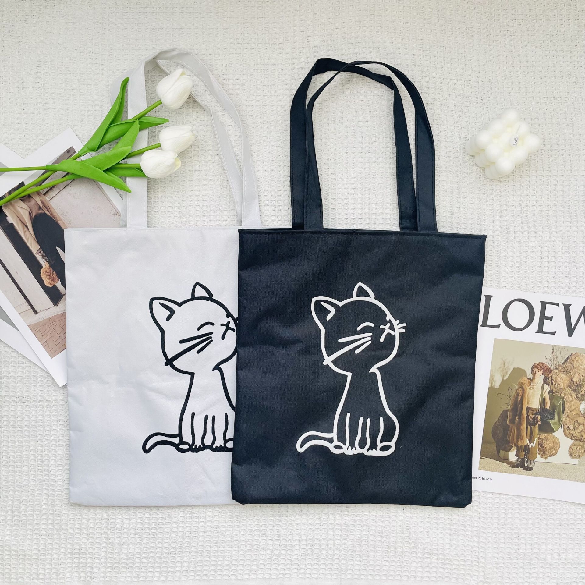 猫咪图案手提单肩帆布包学生内衬防水工厂批发来图定 制加印LOGO