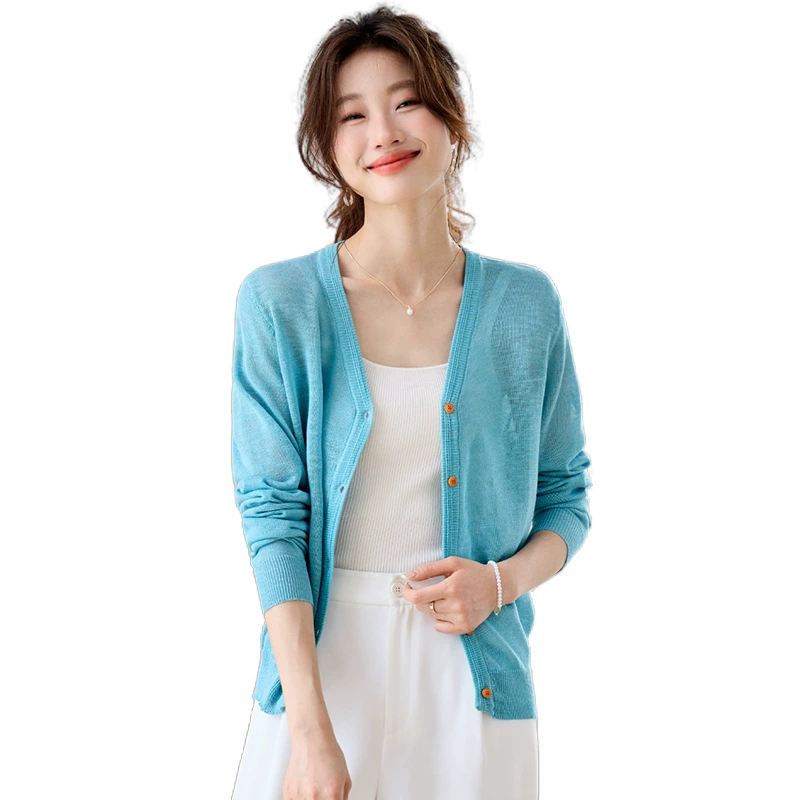 Женский кардиган с V-образным вырезом, синий, вязаный, маленькая шаль, новинка лета 2025, длинный рукав, рубашка с защитой от солнца, одежда для защиты от солнца